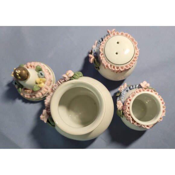 Mini Sugar Shaker Toothpick Holder Vintage Rose Garden Trinket Porcelain Set - Picture 3 of 11